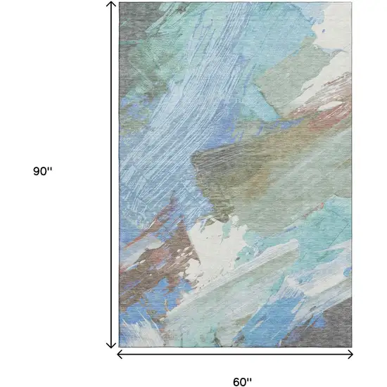 Sky Blue Ivory And Charcoal Abstract Washable Area Rug With UV Protection Photo 7