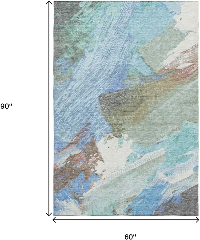 Sky Blue Ivory And Charcoal Abstract Washable Area Rug With UV Protection Photo 7