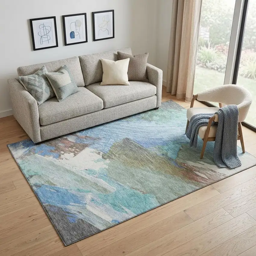 Sky Blue Ivory And Charcoal Abstract Washable Area Rug With UV Protection Photo 1