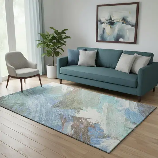 Sky Blue Ivory And Charcoal Abstract Washable Area Rug With UV Protection Photo 2