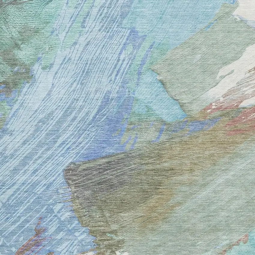 Sky Blue Ivory And Charcoal Abstract Washable Area Rug With UV Protection Photo 3