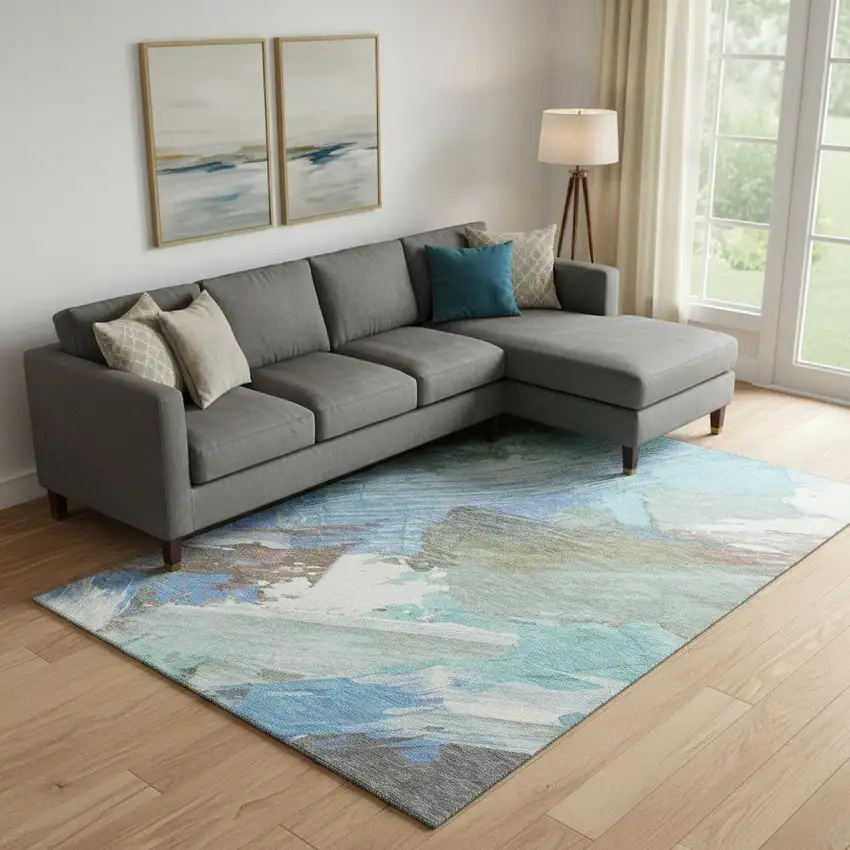 Sky Blue Ivory And Charcoal Abstract Washable Area Rug With UV Protection Photo 2