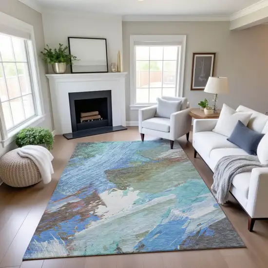 Sky Blue Ivory And Charcoal Abstract Washable Area Rug With UV Protection Photo 4