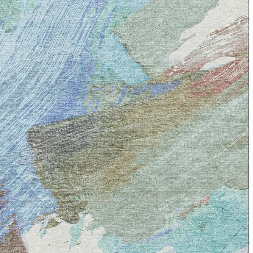 Sky Blue Ivory And Charcoal Abstract Washable Area Rug With UV Protection Photo 2