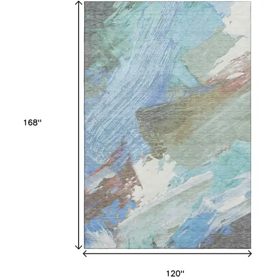 Sky Blue Ivory And Charcoal Abstract Washable Area Rug With UV Protection Photo 9