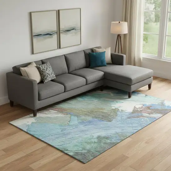 Sky Blue Ivory And Charcoal Abstract Washable Area Rug With UV Protection Photo 2