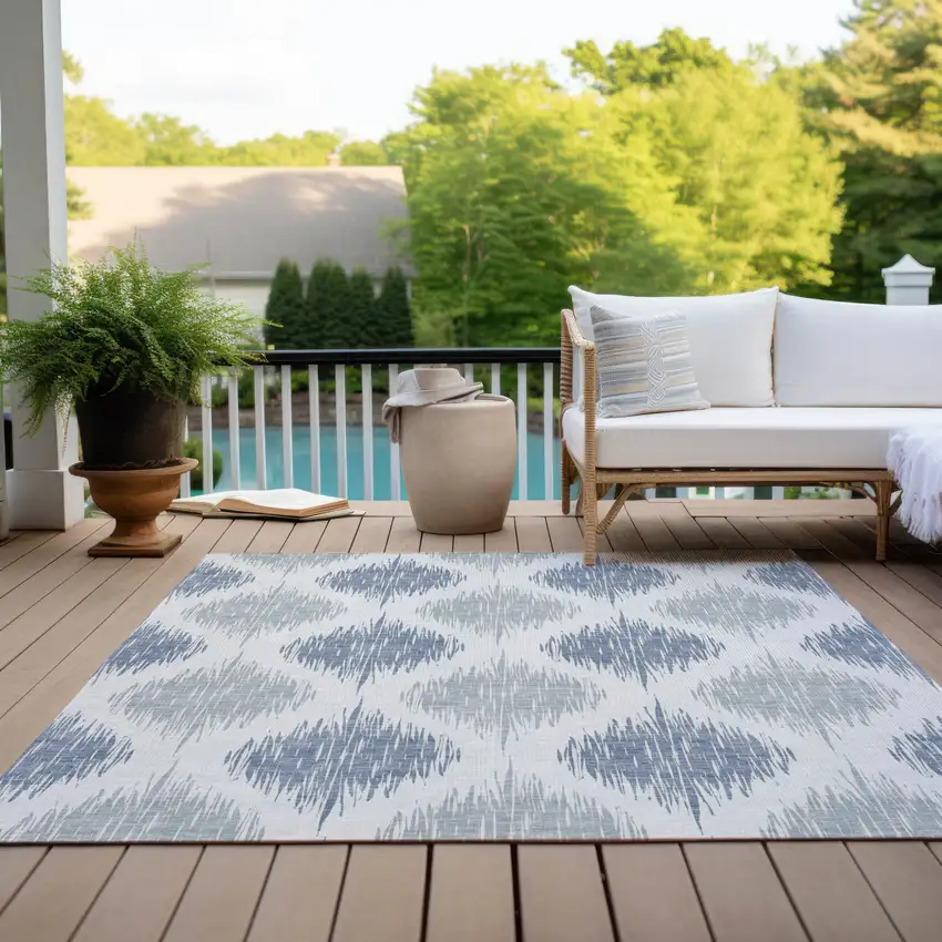 Sky Blue Ivory And Denim Blue Ikat Washable Indoor Outdoor Area Rug Photo 9
