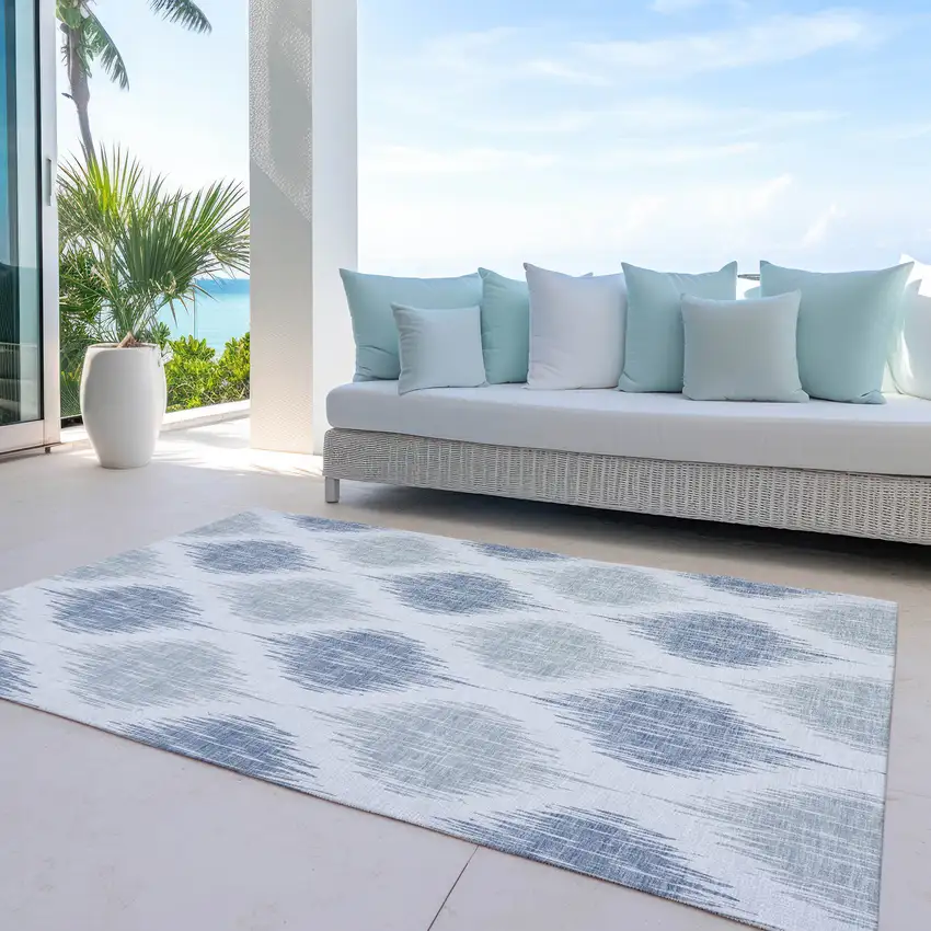 Sky Blue Ivory And Denim Blue Ikat Washable Indoor Outdoor Area Rug Photo 8