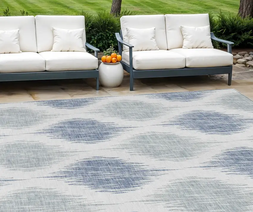 Sky Blue Ivory And Denim Blue Ikat Washable Indoor Outdoor Area Rug Photo 1