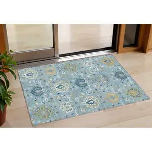 Photo of Sky Blue Ivory And Gold Damask Washable Indoor Outdoor Area Rug
