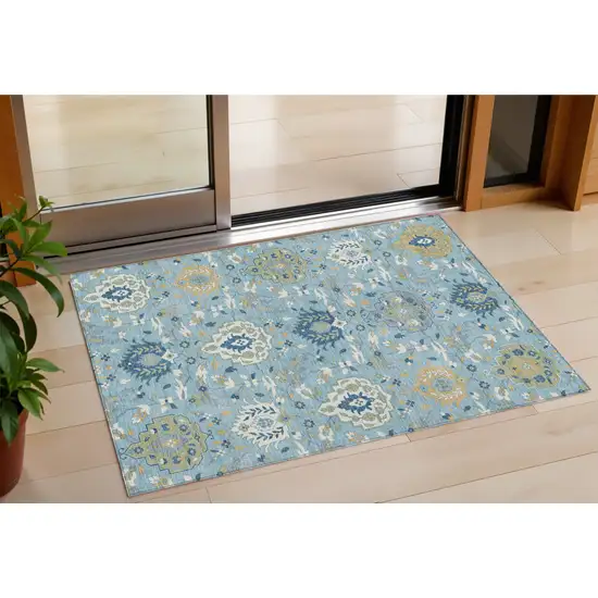 Sky Blue Ivory And Gold Damask Washable Indoor Outdoor Area Rug Photo 1
