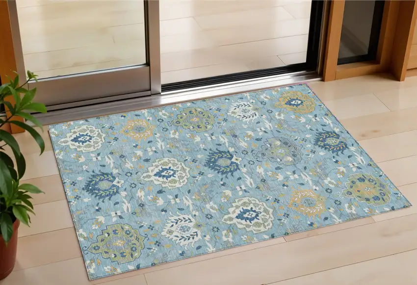 Sky Blue Ivory And Gold Damask Washable Indoor Outdoor Area Rug Photo 1