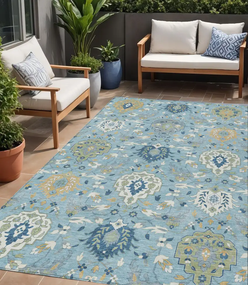 Sky Blue Ivory And Gold Damask Washable Indoor Outdoor Area Rug Photo 1