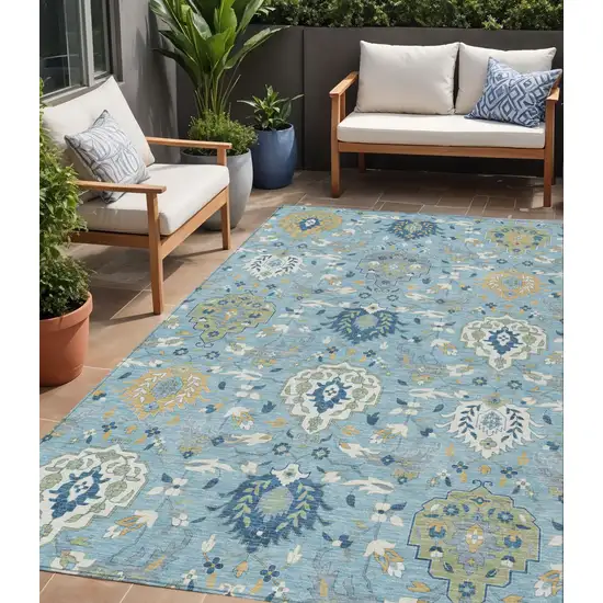 Sky Blue Ivory And Gold Damask Washable Indoor Outdoor Area Rug Photo 1