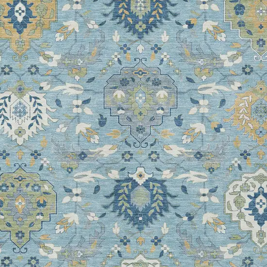 Sky Blue Ivory And Gold Damask Washable Indoor Outdoor Area Rug Photo 7