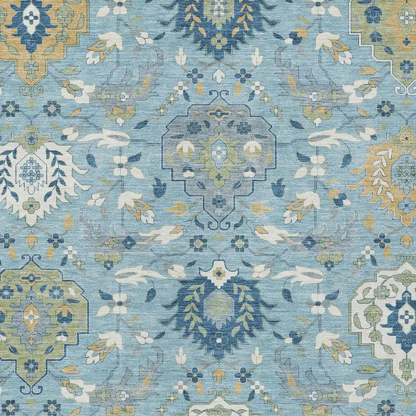 Sky Blue Ivory And Gold Damask Washable Indoor Outdoor Area Rug Photo 7