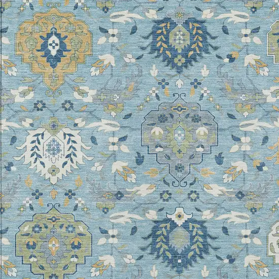 Sky Blue Ivory And Gold Damask Washable Indoor Outdoor Area Rug Photo 7
