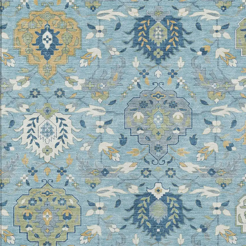 Sky Blue Ivory And Gold Damask Washable Indoor Outdoor Area Rug Photo 7
