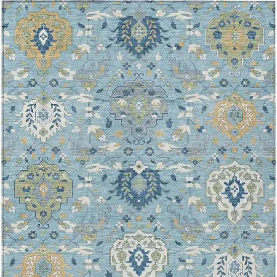 Sky Blue Ivory And Gold Damask Washable Indoor Outdoor Area Rug Photo 8