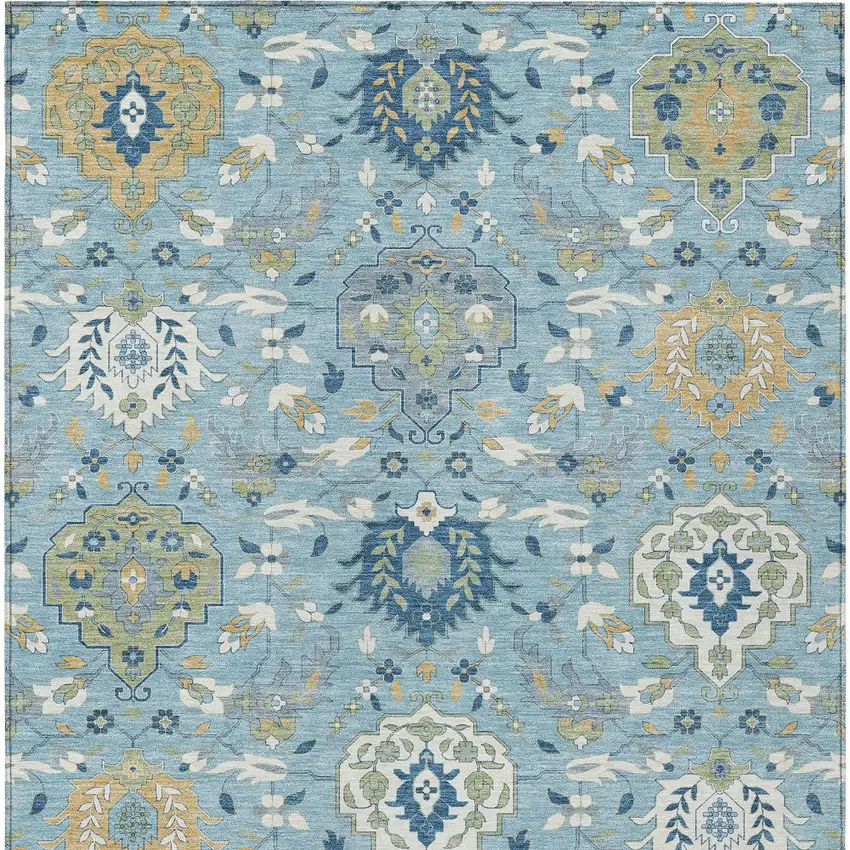 Sky Blue Ivory And Gold Damask Washable Indoor Outdoor Area Rug Photo 8