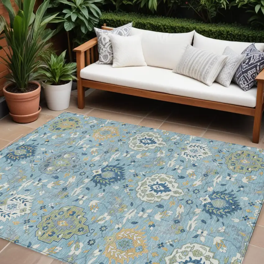 Sky Blue Ivory And Gold Damask Washable Indoor Outdoor Area Rug Photo 1