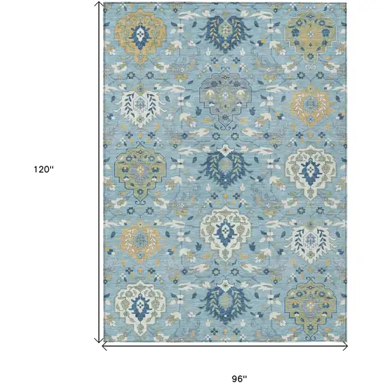 Sky Blue Ivory And Gold Damask Washable Indoor Outdoor Area Rug Photo 3