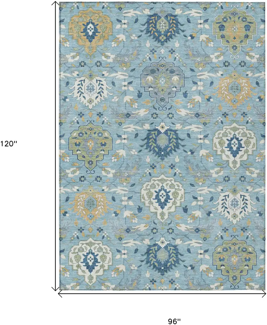 Sky Blue Ivory And Gold Damask Washable Indoor Outdoor Area Rug Photo 3