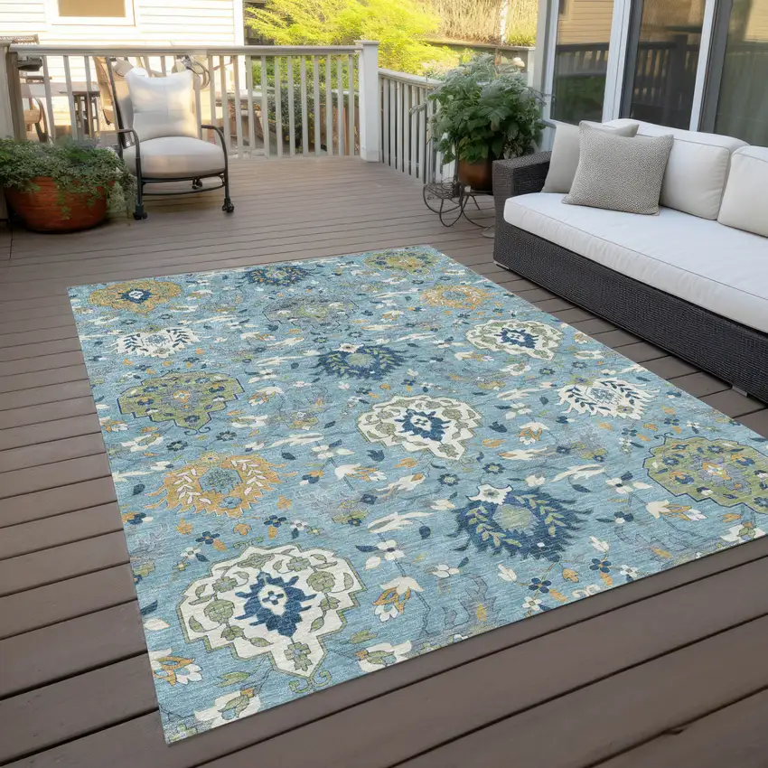 Sky Blue Ivory And Gold Damask Washable Indoor Outdoor Area Rug Photo 9