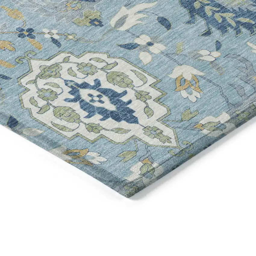 Sky Blue Ivory And Gold Damask Washable Indoor Outdoor Area Rug Photo 5