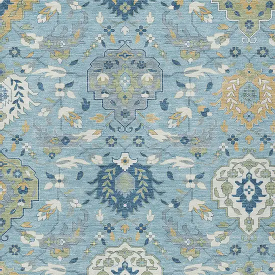 Sky Blue Ivory And Gold Damask Washable Indoor Outdoor Area Rug Photo 7
