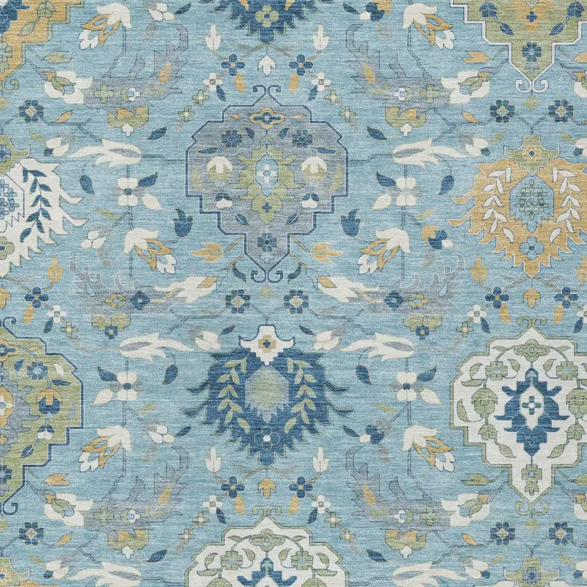 Sky Blue Ivory And Gold Damask Washable Indoor Outdoor Area Rug Photo 7