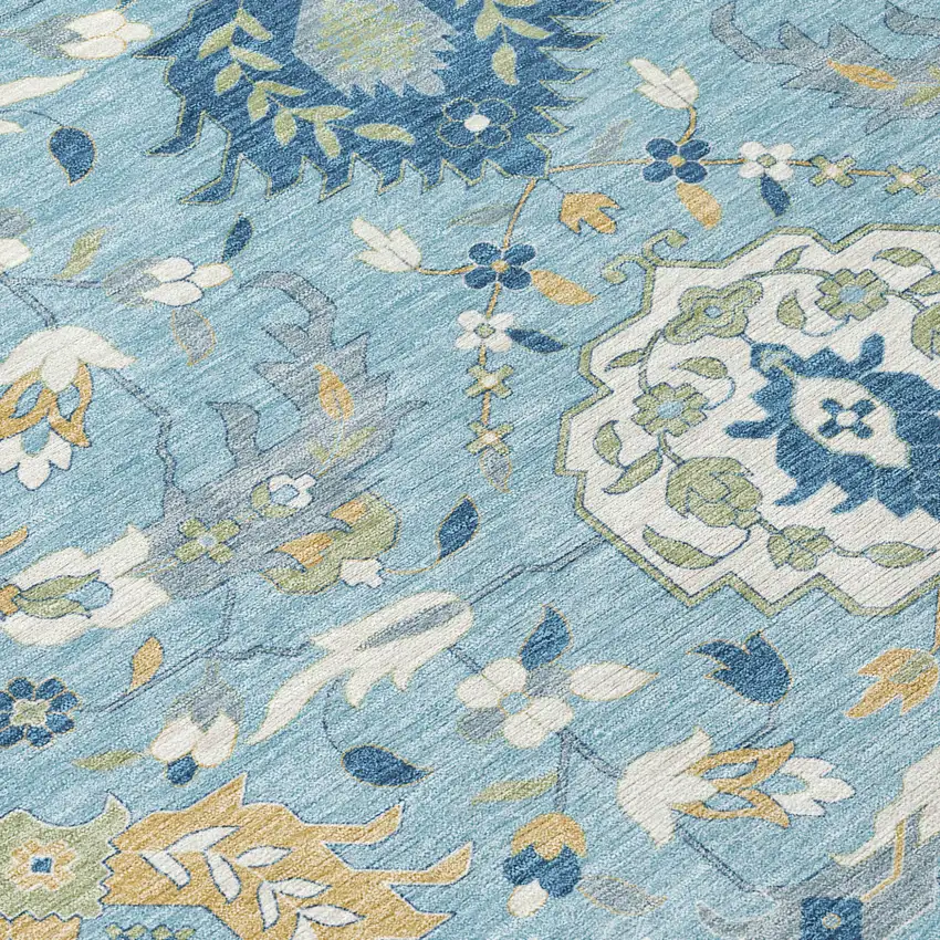 Sky Blue Ivory And Gold Damask Washable Indoor Outdoor Area Rug Photo 6