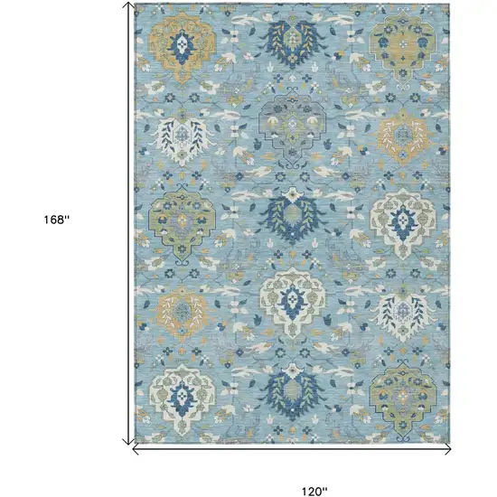 Sky Blue Ivory And Gold Damask Washable Indoor Outdoor Area Rug Photo 3