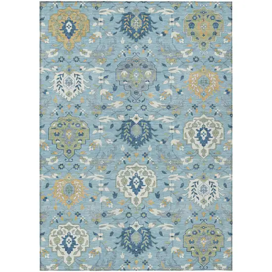 Sky Blue Ivory And Gold Damask Washable Indoor Outdoor Area Rug Photo 2