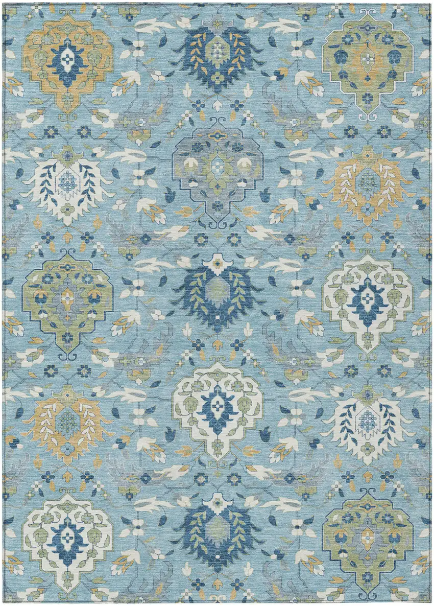 Sky Blue Ivory And Gold Damask Washable Indoor Outdoor Area Rug Photo 2