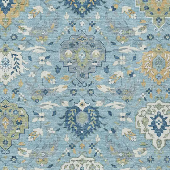 Sky Blue Ivory And Gold Damask Washable Indoor Outdoor Area Rug Photo 7