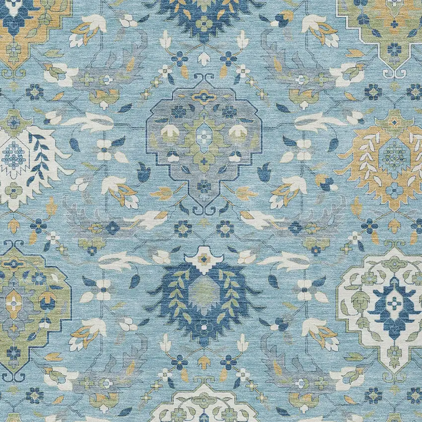 Sky Blue Ivory And Gold Damask Washable Indoor Outdoor Area Rug Photo 7