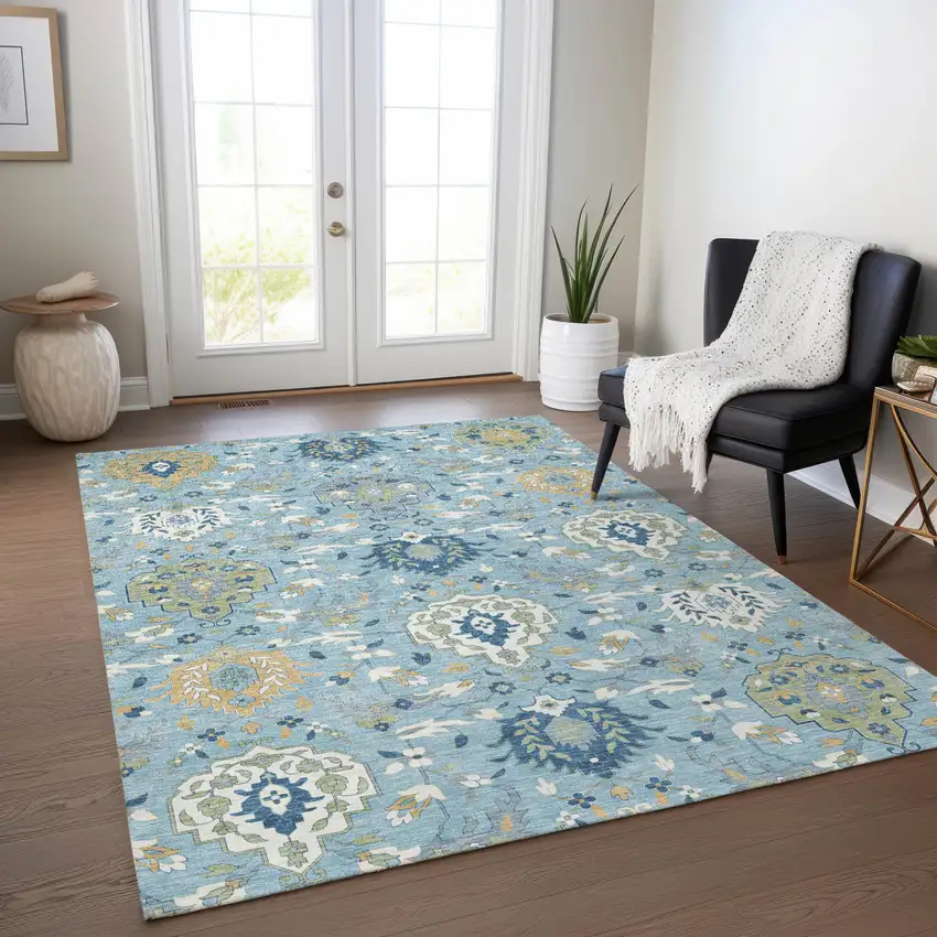 Sky Blue Ivory And Gold Damask Washable Indoor Outdoor Area Rug Photo 9