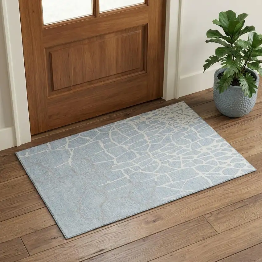 Sky Blue Ivory And Gray Abstract Geometric Washable Area Rug With UV Protection Photo 1