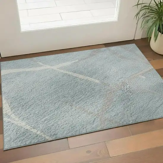 Sky Blue Ivory And Gray Abstract Geometric Washable Area Rug With UV Protection Photo 2