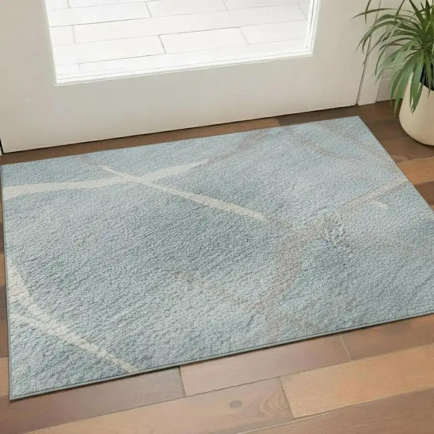 Sky Blue Ivory And Gray Abstract Geometric Washable Area Rug With UV Protection Photo 2