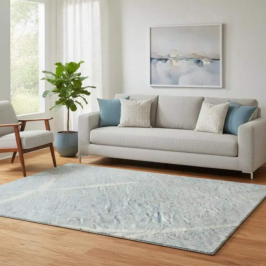 Sky Blue Ivory And Gray Abstract Geometric Washable Area Rug With UV Protection Photo 2