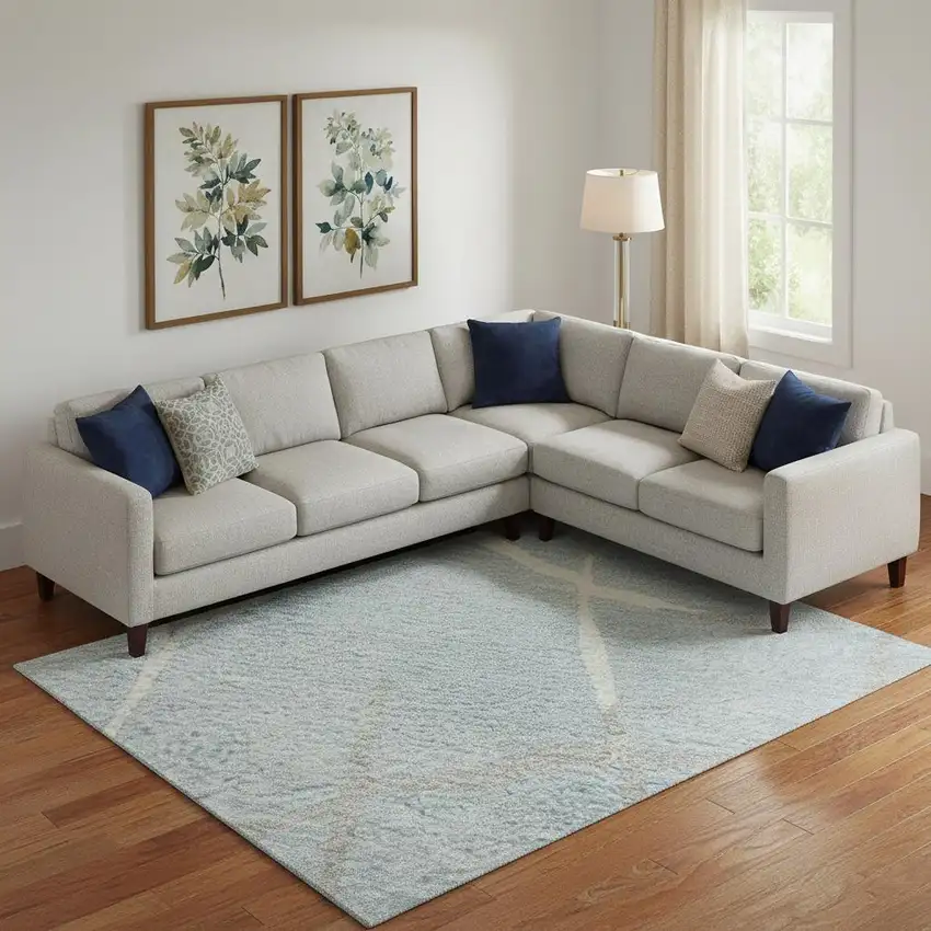 Sky Blue Ivory And Gray Abstract Geometric Washable Area Rug With UV Protection Photo 2