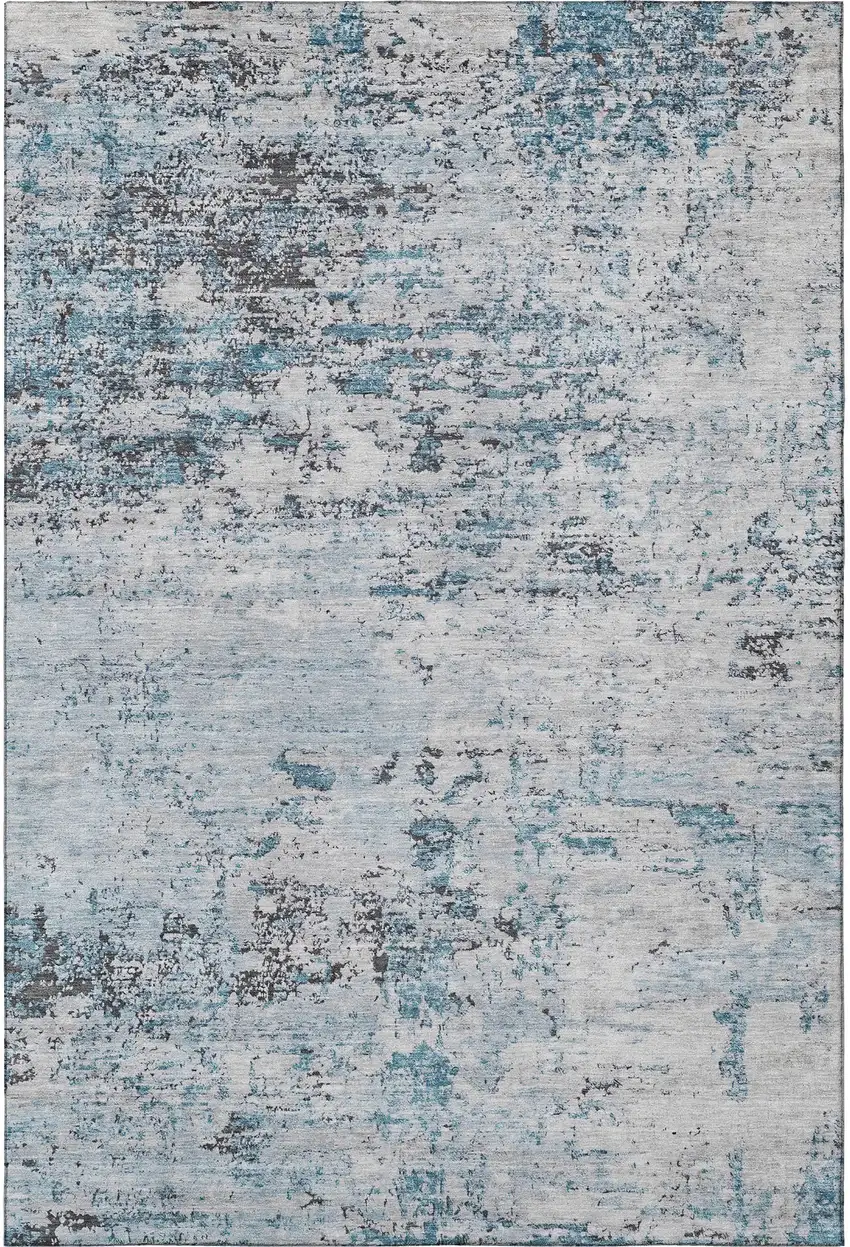 Sky Blue Ivory And Gray Abstract Washable Area Rug With UV Protection Photo 3