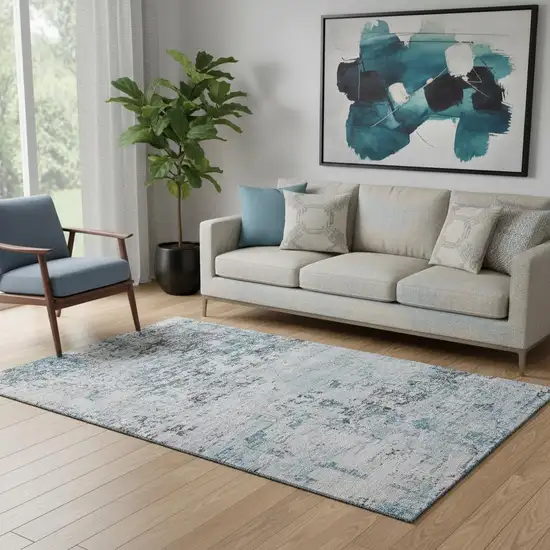 Sky Blue Ivory And Gray Abstract Washable Area Rug With UV Protection Photo 2