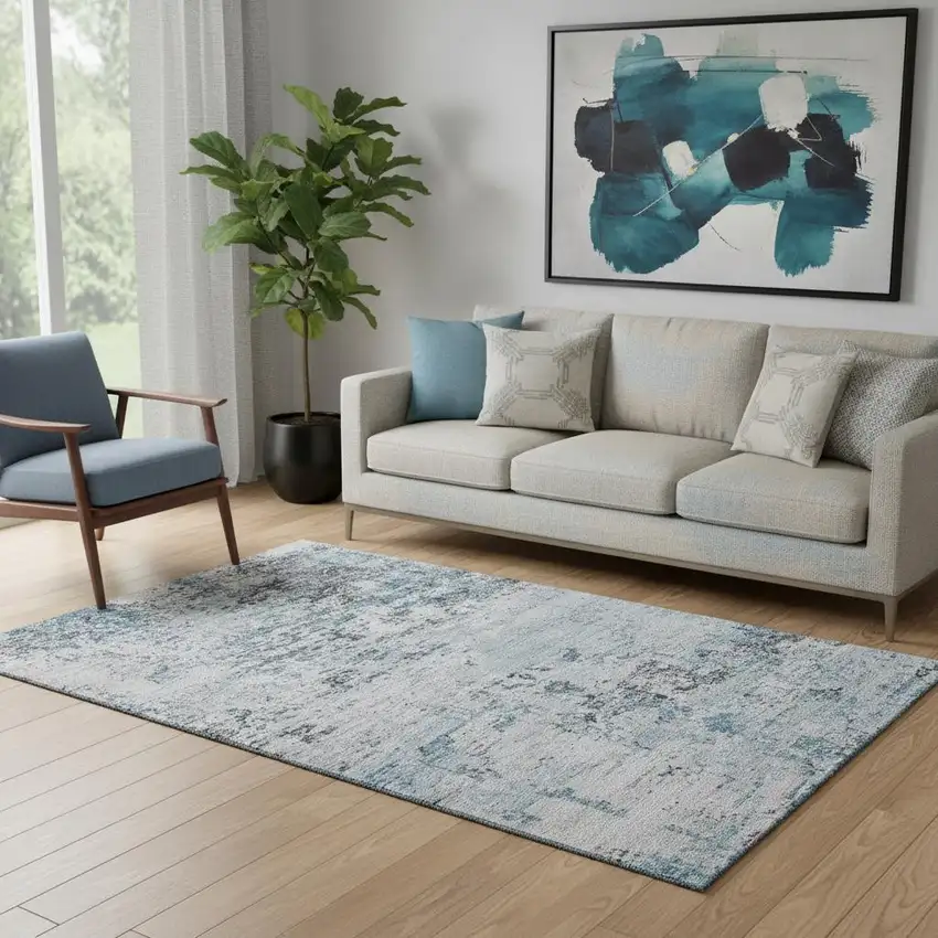 Sky Blue Ivory And Gray Abstract Washable Area Rug With UV Protection Photo 2