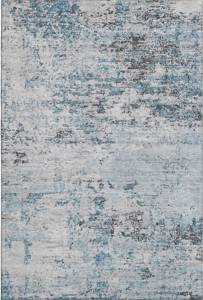 Sky Blue Ivory And Gray Abstract Washable Area Rug With UV Protection Photo 1