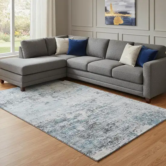 Sky Blue Ivory And Gray Abstract Washable Area Rug With UV Protection Photo 2