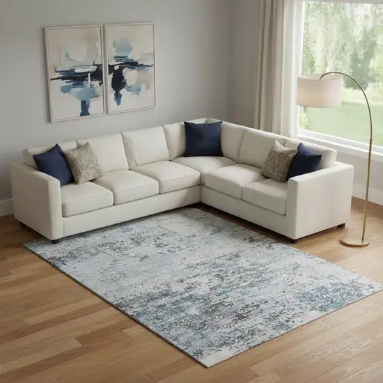 Sky Blue Ivory And Gray Abstract Washable Area Rug With UV Protection Photo 2