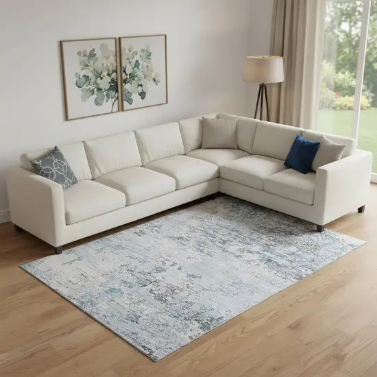 Sky Blue Ivory And Gray Abstract Washable Area Rug With UV Protection Photo 2